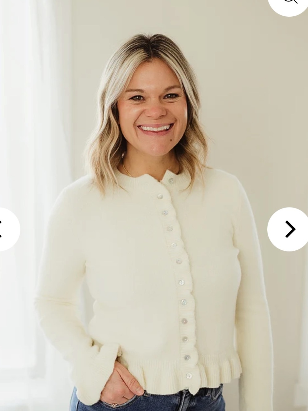 Cream Button-Front Ruffle Hem Sweater